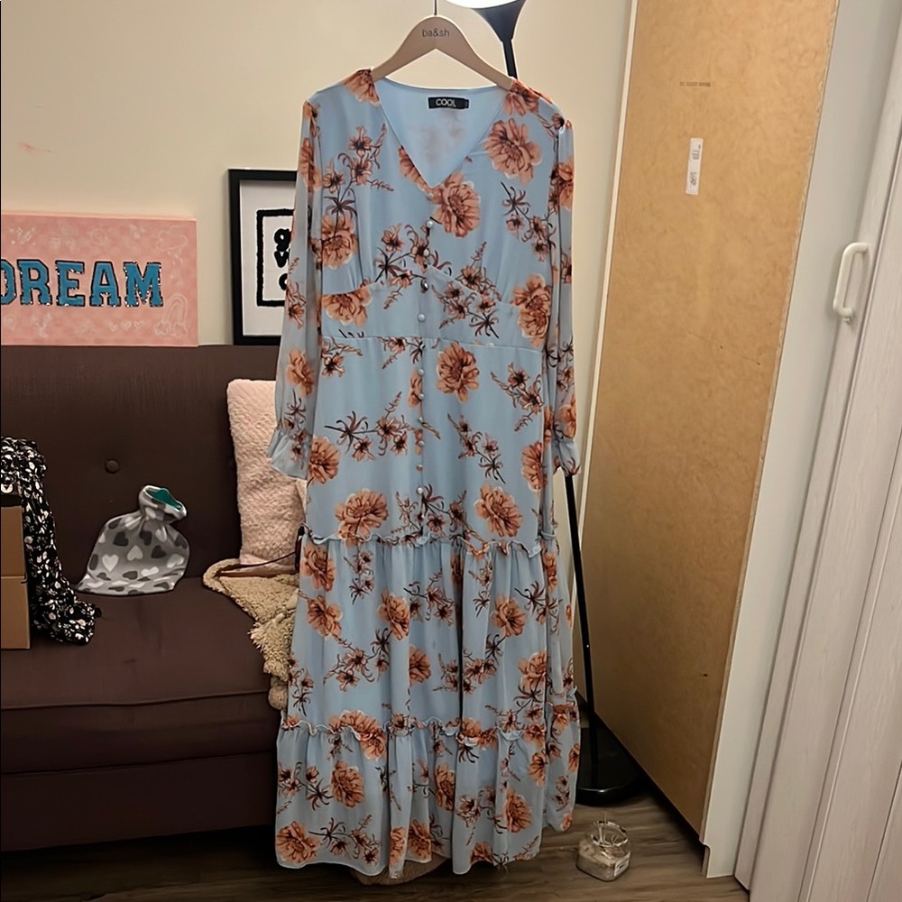 Blue Ruffled Tiered Sundress with Bishop Sleeves